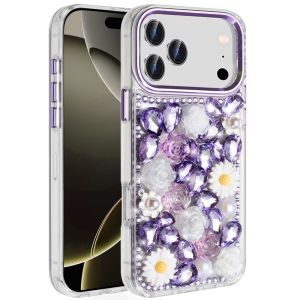 For iPhone 17 Pro Spectacular Full Bling Stones Glitter HQ Hybrid Floral Series - Purple