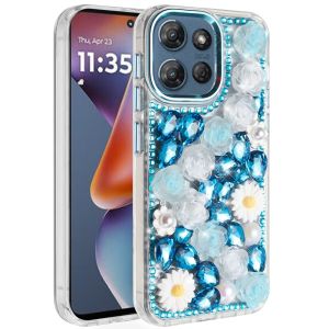For Motorola Moto G 5G 2025 Spectacular Full Bling Stones Glitter HQ Hybrid Floral Series - Blue