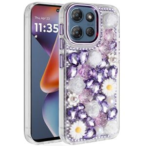 For Motorola Moto G 5G 2025 Spectacular Full Bling Stones Glitter HQ Hybrid Floral Series - Purple
