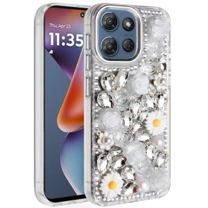For Motorola Moto G 5G 2025 Spectacular Full Bling Stones Glitter HQ Hybrid Floral Series - White