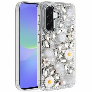 For Samsung Galaxy A37 Spectacular Full Bling Stones Glitter HQ Hybrid Floral Series - White