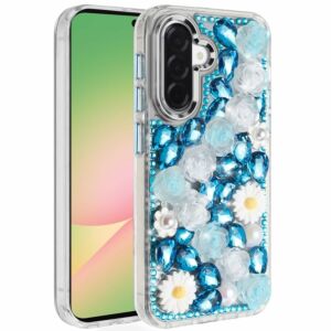 For Samsung Galaxy A57 Spectacular Full Bling Stones Glitter HQ Hybrid Floral Series - Blue