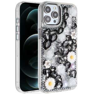 For iPhone 12 Pro Max 6.7 Spectacular Full Bling Stones Glitter HQ Hybrid Floral Series - Black