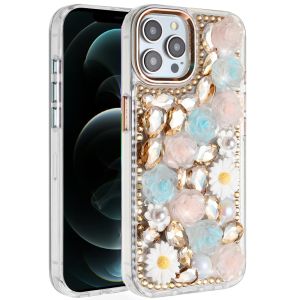 For iPhone 12 Pro Max 6.7 Spectacular Full Bling Stones Glitter HQ Hybrid Floral Series - Gold