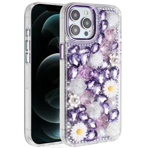 For iPhone 12 Pro Max 6.7 Spectacular Full Bling Stones Glitter HQ Hybrid Floral Series - Purple