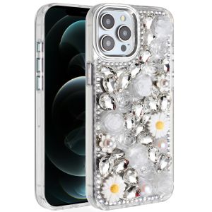 For iPhone 12 Pro Max 6.7 Spectacular Full Bling Stones Glitter HQ Hybrid Floral Series - White