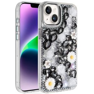 For iPhone 13/14 Spectacular Full Bling Stones Glitter HQ Hybrid Floral Series - Black