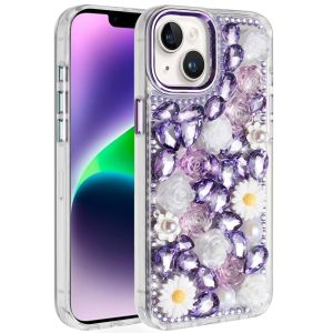 For iPhone 13/14 Spectacular Full Bling Stones Glitter HQ Hybrid Floral Series - Purple