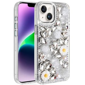 For iPhone 13/14 Spectacular Full Bling Stones Glitter HQ Hybrid Floral Series - White