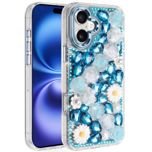 For iPhone 17 Spectacular Full Bling Stones Glitter HQ Hybrid Floral Series - Blue