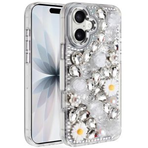 For iPhone 17 Spectacular Full Bling Stones Glitter HQ Hybrid Floral Series - White