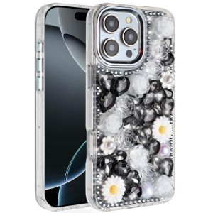 For iPhone 16 Pro Max 6.9 Spectacular Full Bling Stones Glitter HQ Hybrid Floral Series - Black