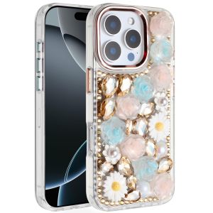 For iPhone 16 Pro Max 6.9 Spectacular Full Bling Stones Glitter HQ Hybrid Floral Series - Gold