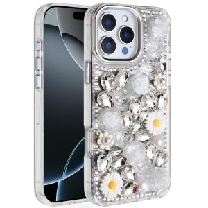 For iPhone 16 Pro Max 6.9 Spectacular Full Bling Stones Glitter HQ Hybrid Floral Series - White