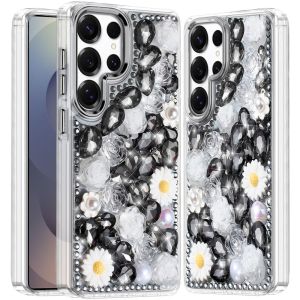 For Samsung s25 Ultra Spectacular Full Bling Stones Glitter HQ Hybrid Floral Series - Black