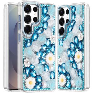 For Samsung s25 Ultra Spectacular Full Bling Stones Glitter HQ Hybrid Floral Series - Blue