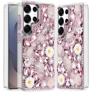 For Samsung s25 Ultra Spectacular Full Bling Stones Glitter HQ Hybrid Floral Series - Pink