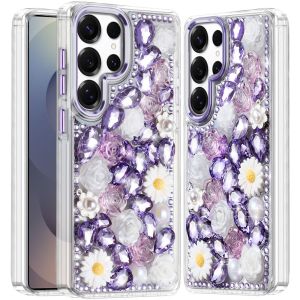 For Samsung s25 Ultra Spectacular Full Bling Stones Glitter HQ Hybrid Floral Series - Purple