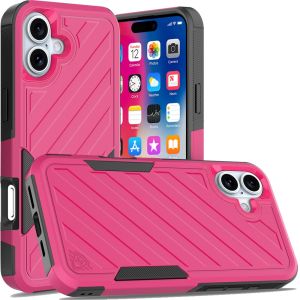 For iPhone 16 6.1 inch Noble lined shockproof dual layer hybrid - Hot Pink/Black