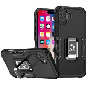 For iPhone 16 6.1 inch OPTIMUM Magnetic Ring Stand Hybrid Case Cover - Black