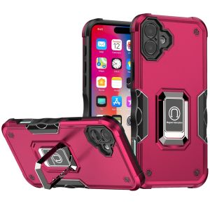 For iPhone 16 6.1 inch OPTIMUM Magnetic Ring Stand Hybrid Case Cover - Hot Pink