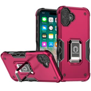 For iPhone 16 Plus 6.7 inch OPTIMUM Magnetic Ring Stand Hybrid Case Cover - Hot Pink