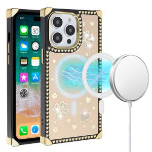 For iPhone 14 PRO 6.1" Hearts Passion [Magnetic Circle] Design Ornaments Chrome Hybrid - Gold