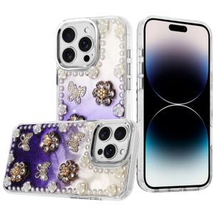 For iPhone 14 PRO MAX 6.7" Pearls Epoxy Glitter Ornaments Design Chrome Edged Case - 3