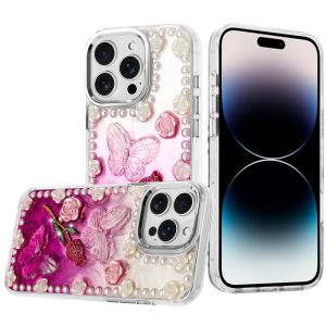 For iPhone 14 PRO MAX 6.7" Pearls Epoxy Glitter Ornaments Design Chrome Edged Case - 7