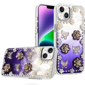 For iPhone 13/14 Pearls Epoxy Glitter Ornaments Design Chrome Edged Case - 3