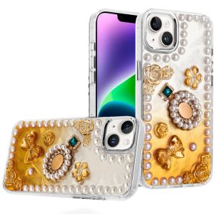 For iPhone 13/14 Pearls Epoxy Glitter Ornaments Design Chrome Edged Case - 8