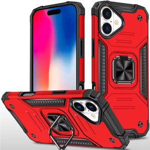 For iPhone 16 6.1 inch Robust Magnetic Kickstand Hybrid Case Cover - Red