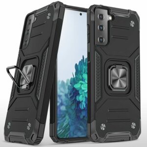 For Samsung Galaxy S21 FE Robust Magnetic Kickstand Hybrid Case Cover - Black