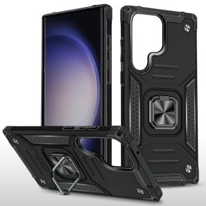 For Samsung Galaxy S21 FE Robust Magnetic Kickstand Hybrid Case Cover - Black