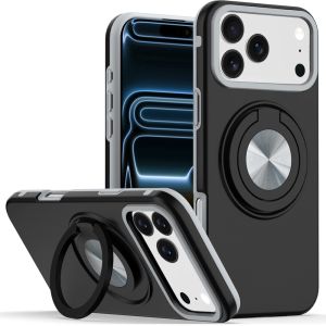 For iPhone 17 Pro Max Metal CD Pattern Matte Finished Hybrid with Rotational Ring [Car Mount Friendly] Case - Black