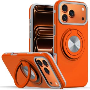For iPhone 17 Pro Max Metal CD Pattern Matte Finished Hybrid with Rotational Ring [Car Mount Friendly] Case - Cosmic Orange