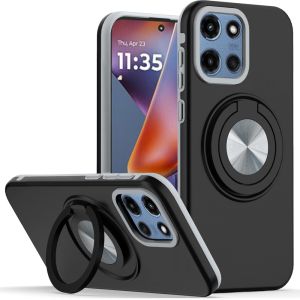 For Motorola Moto G 5G 2025 Metal CD Pattern Matte Finished Hybrid with Rotational Ring [Car Mount Friendly] Case - Black