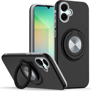 For Samsung A06 Metal CD Pattern Matte Finished Hybrid with Rotational Ring [Car Mount Friendly] Case - Black