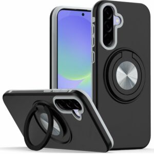 For Samsung Galaxy A37 / A36 Metal CD Pattern Matte Finished Hybrid with Rotational Ring [Car Mount Friendly] Case - Black