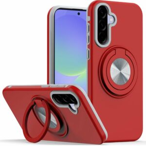 For Samsung Galaxy A37 / A36 Metal CD Pattern Matte Finished Hybrid with Rotational Ring [Car Mount Friendly] Case - Red