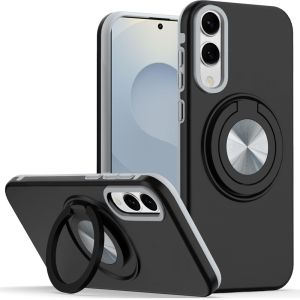 For Samsung Galaxy s25 Edge Metal CD Pattern Matte Finished Hybrid with Rotational Ring [Car Mount Friendly] Case - Black