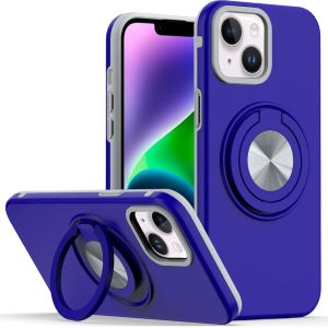 For iPhone 13/14 Metal CD Pattern Matte Finished Hybrid with Rotational Ring [Car Mount Friendly] Case - Blue