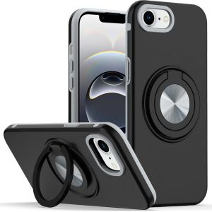 For iPhone 17E / 16E / SE4 Metal CD Pattern Matte Finished Hybrid with Rotational Ring [Car Mount Friendly] Case - Black