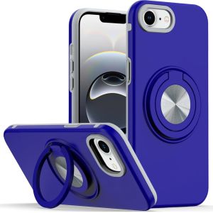 For iPhone 17E / 16E / SE4 Metal CD Pattern Matte Finished Hybrid with Rotational Ring [Car Mount Friendly] Case - Blue