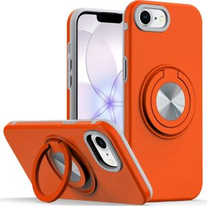 For iPhone 16E (E edition) / SE4 (2025) Metal CD Pattern Matte Finished Hybrid with Rotational Ring [Car Mount Friendly] Case - Cosmic Orange