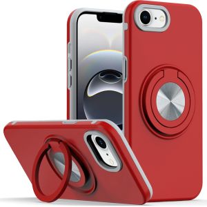 For iPhone 17E / 16E / SE4 Metal CD Pattern Matte Finished Hybrid with Rotational Ring [Car Mount Friendly] Case - Red