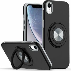 For iPhone XR Metal CD Pattern Matte Finished Hybrid with Rotational Ring [Car Mount Friendly] Case - Black