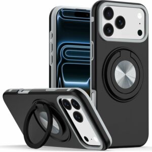 For Apple iPhone 18 Pro Max Metal CD Pattern Matte Finished Hybrid with Rotational Ring [Car Mount Friendly] Case - Black