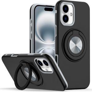 For iPhone 16 Plus 6.7 inch Metal CD Pattern Matte Finished Hybrid with Rotational Ring [Car Mount Friendly] Case - Black