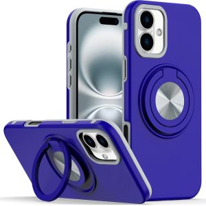 For iPhone 16 Plus 6.7 inch Metal CD Pattern Matte Finished Hybrid with Rotational Ring [Car Mount Friendly] Case - Blue